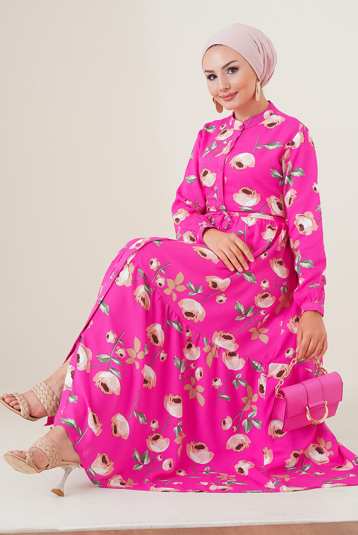 Bigdart 2144 Robe Modeste Col Mao - Fuchsia Émeraude