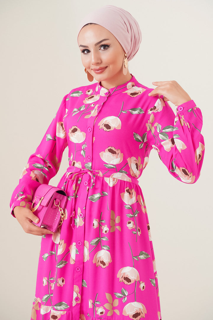 Bigdart 2144 Robe Modeste Col Mao - Fuchsia Émeraude