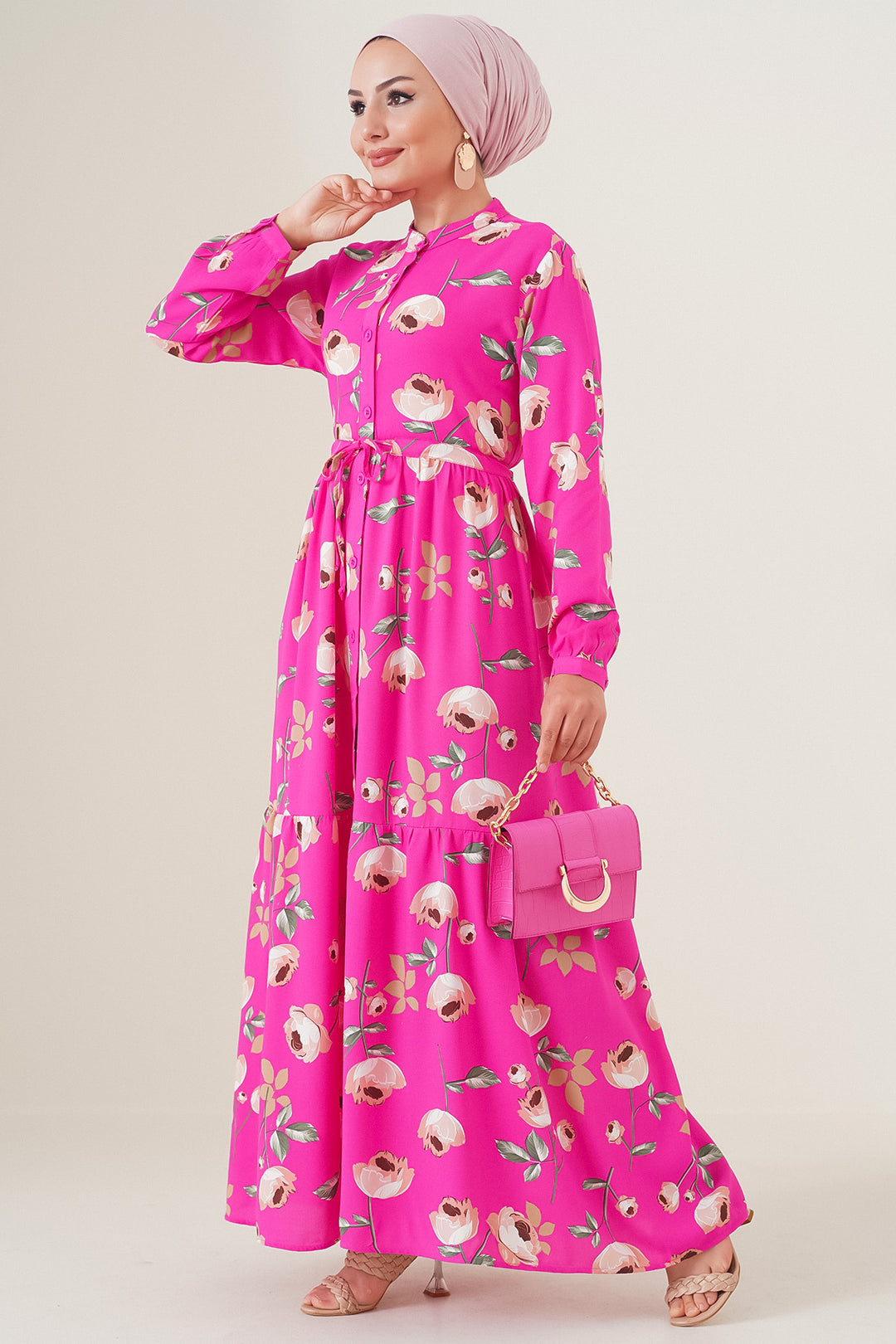 Bigdart 2144 Robe Modeste Col Mao - Fuchsia Émeraude