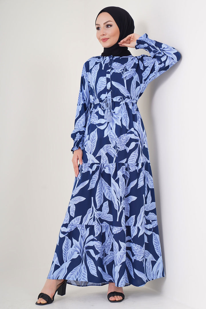 Bigdart 2145 Robe de mode modeste à motifs - Bleu marine