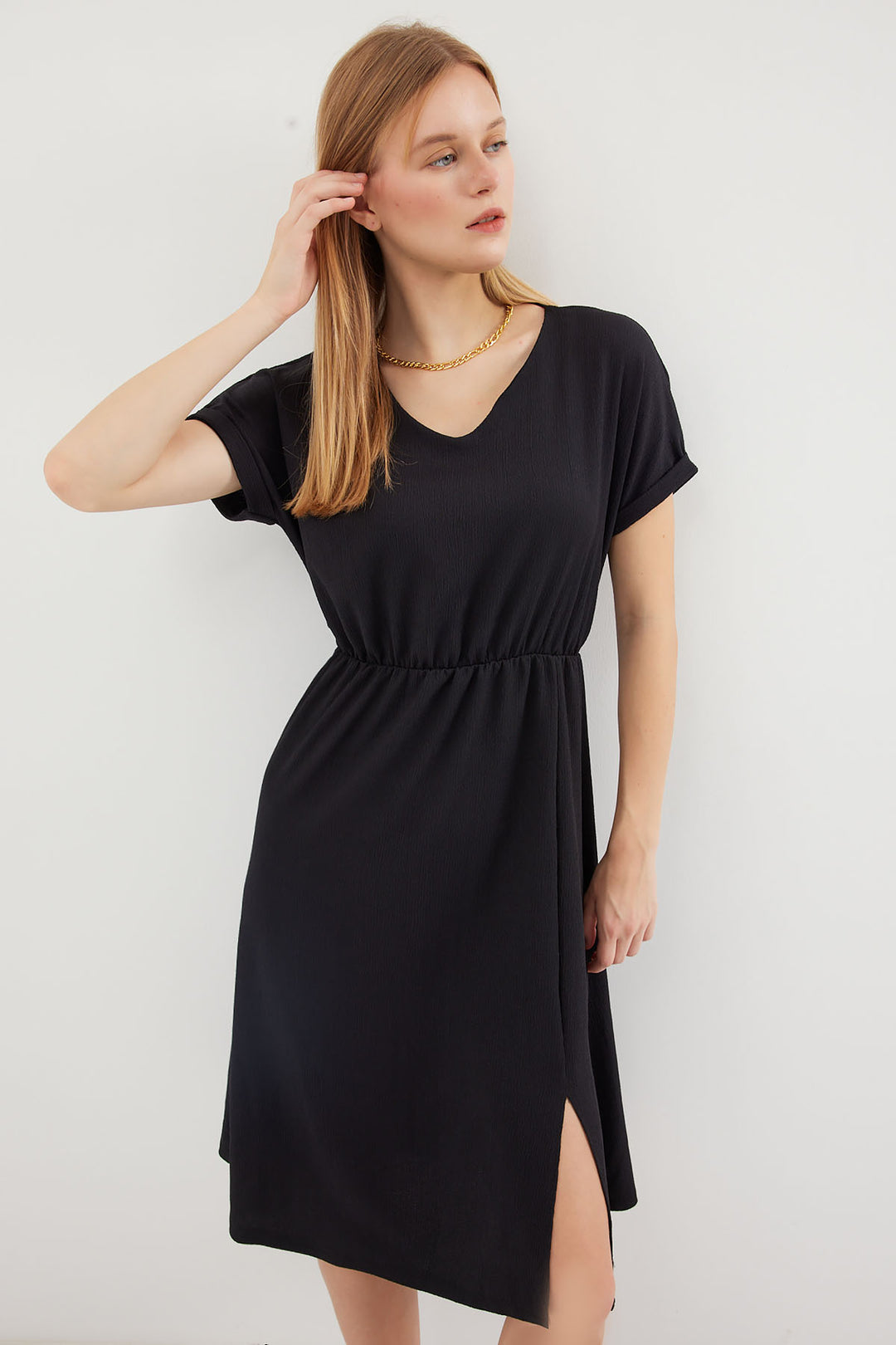 Bigdart 2378 Robe Tricot à Col en V avec Fente - Noir