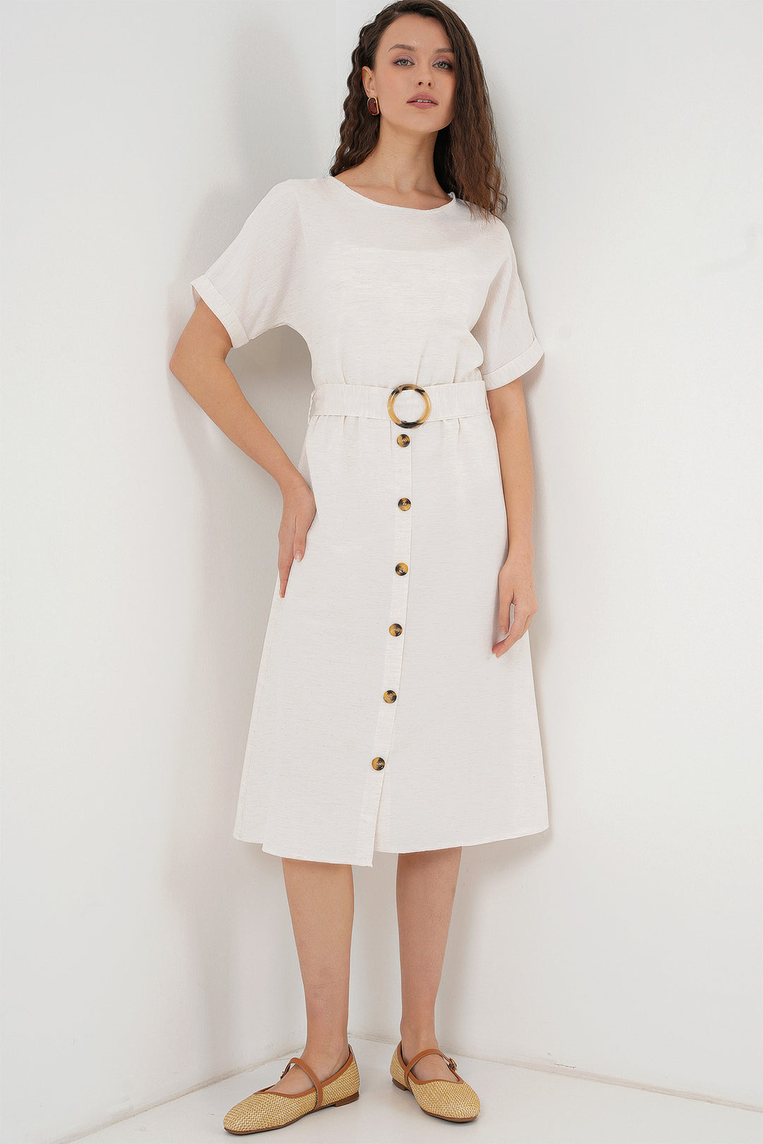 Bigdart Robe en lin avec ceinture 2389 - Écru