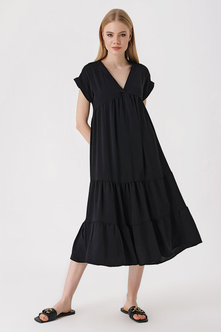 Bigdart 2398 Robe à Col en V avec Volants - Noir
