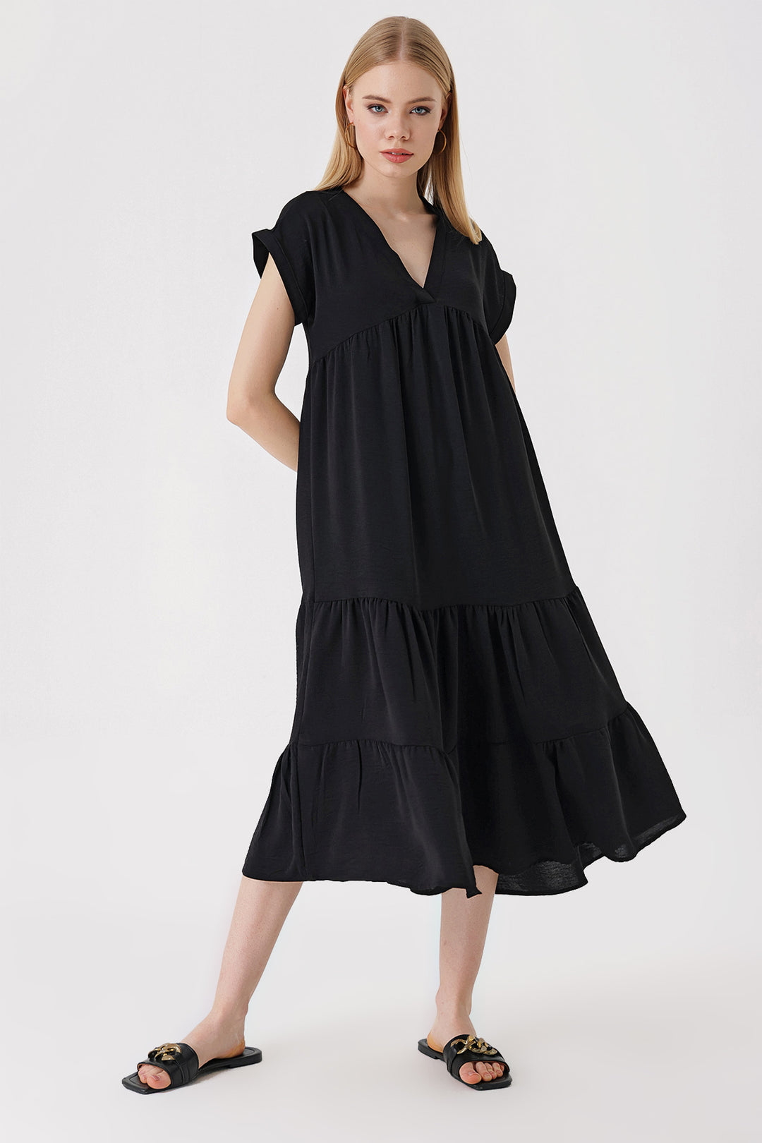 Bigdart 2398 Robe à Col en V avec Volants - Noir