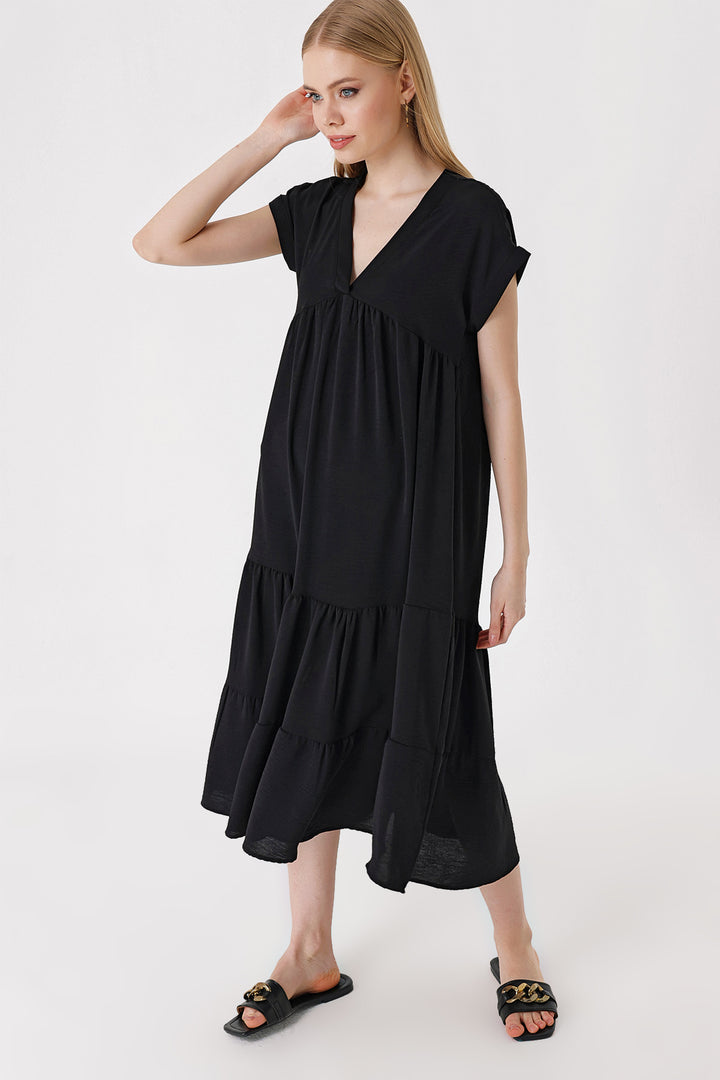 Bigdart 2398 Robe à Col en V avec Volants - Noir