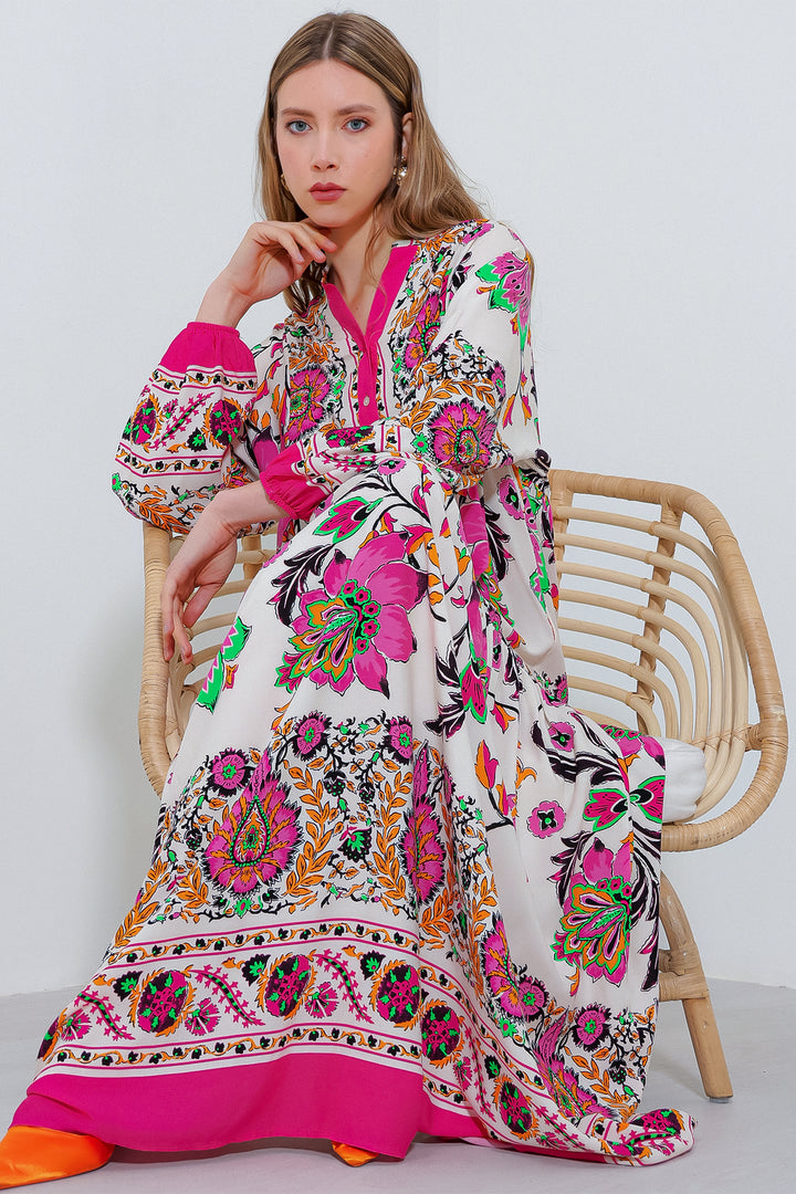 Bigdart Femme Robe Modeste Viscose Imprimée Crème Fuchsia 2423 - Fuchsia