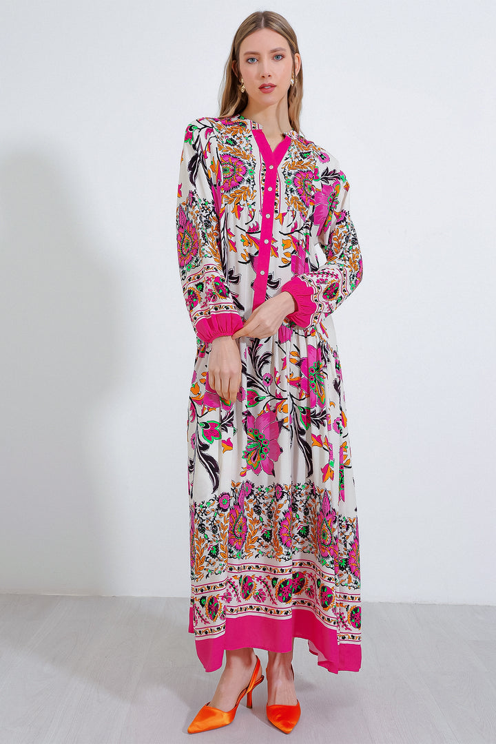 Bigdart Femme Robe Modeste Viscose Imprimée Crème Fuchsia 2423 - Fuchsia
