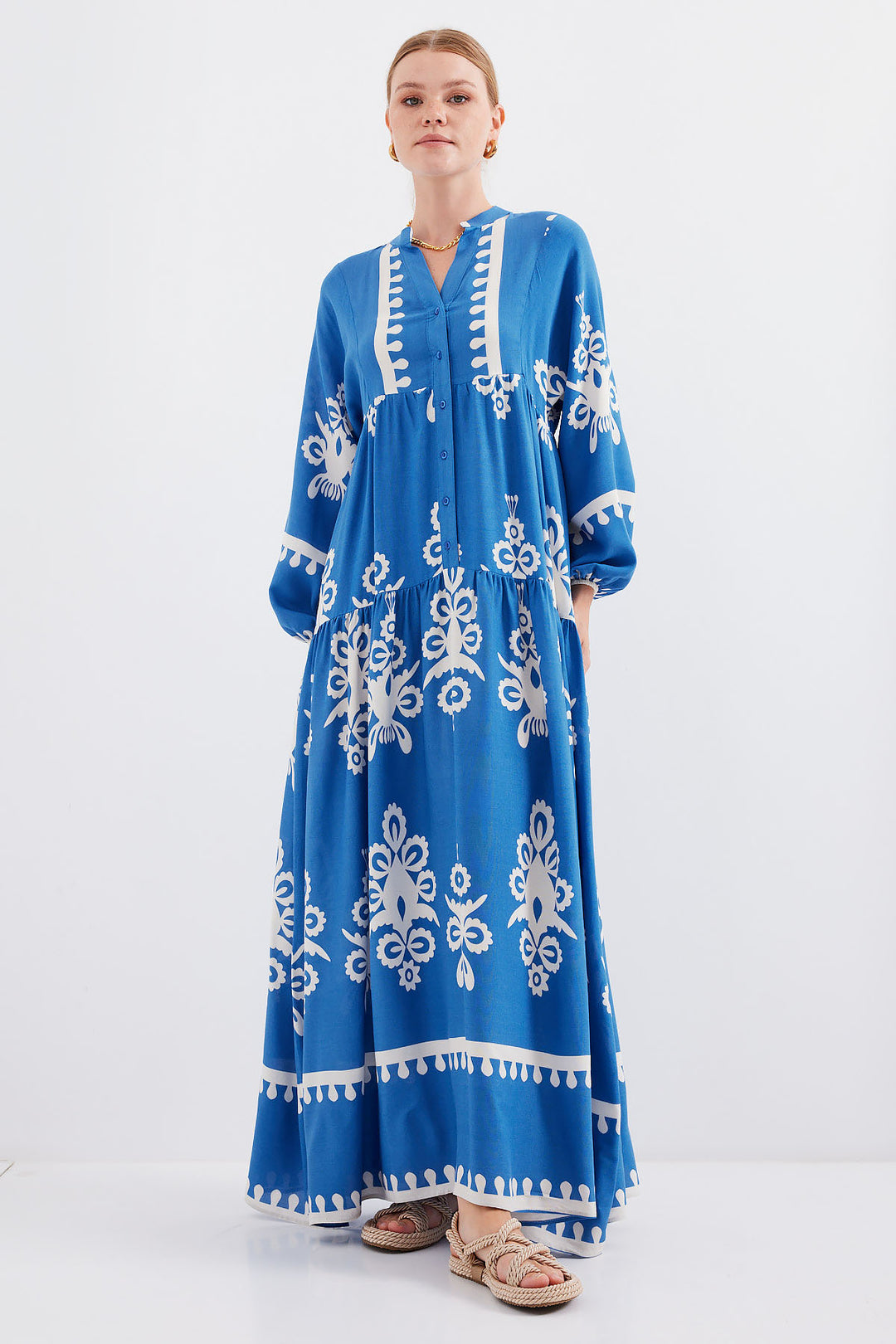 Bigdart Robe de hijab à motifs authentiques 2423 - Blanc - Blanc - Blanc - Indigo