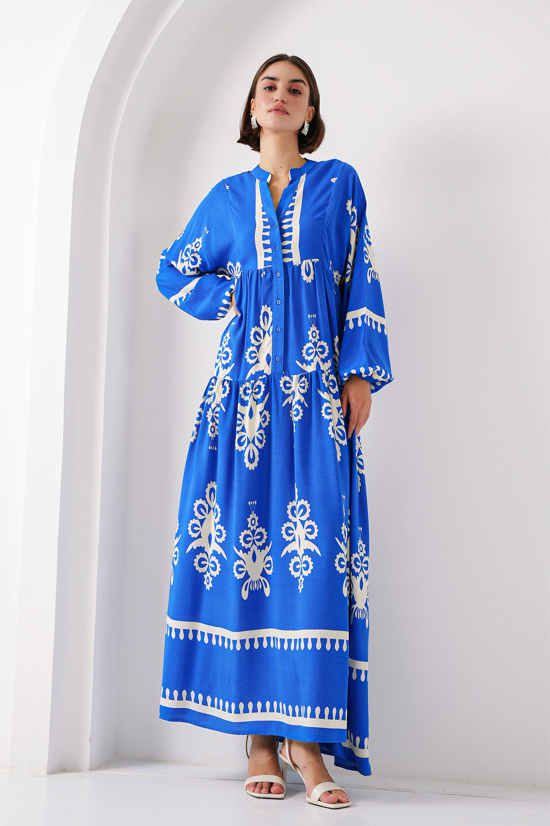 Bigdart 2423 Robe Modeste Imprimée Authentique - Blanc - Blanc / Bleu marine