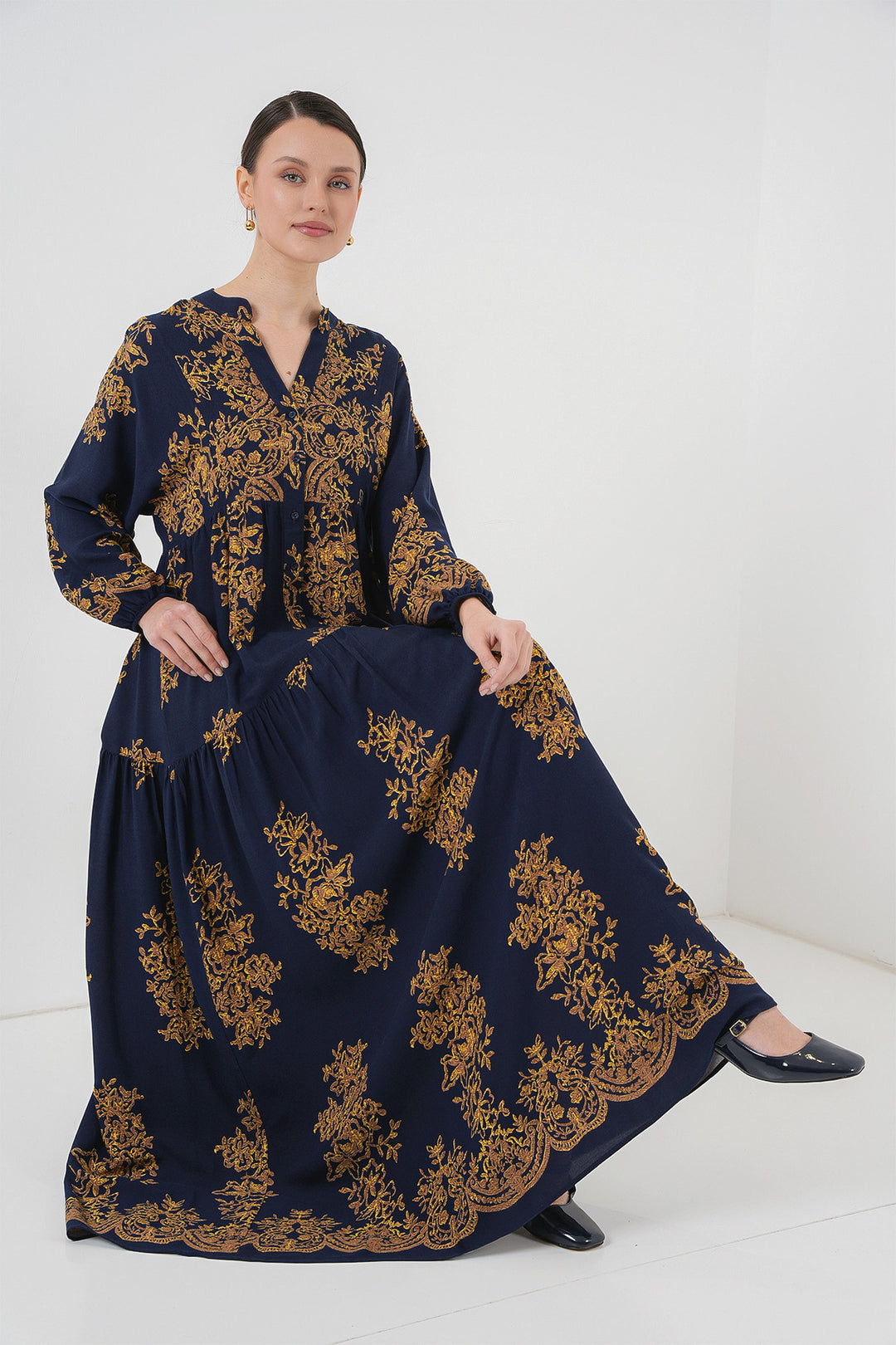 Bigdart Robe de hijab à motifs dorés bleu marine 2423 - Bleu