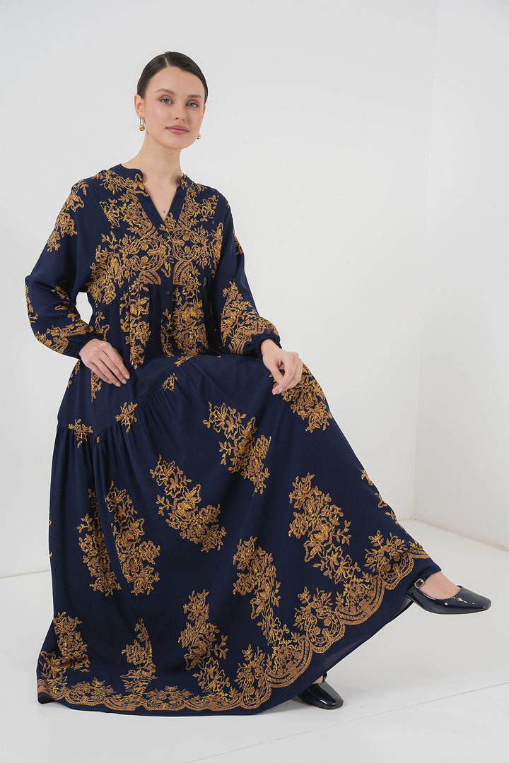 Bigdart Robe de hijab à motifs dorés bleu marine 2423 - Bleu