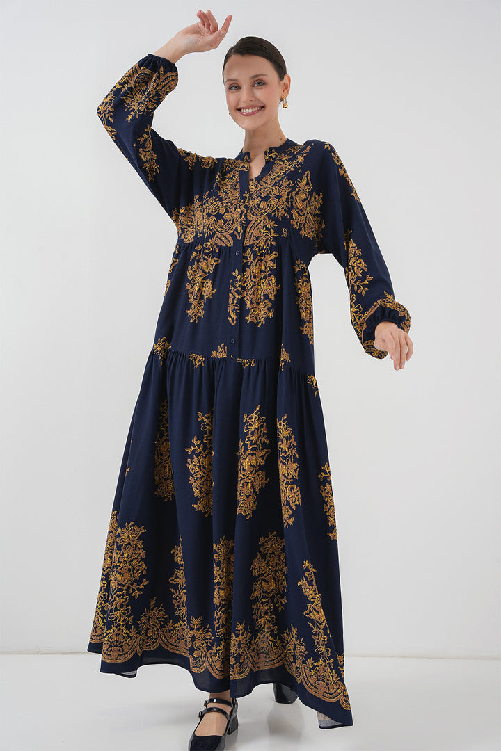 Bigdart Robe de hijab à motifs dorés bleu marine 2423 - Bleu