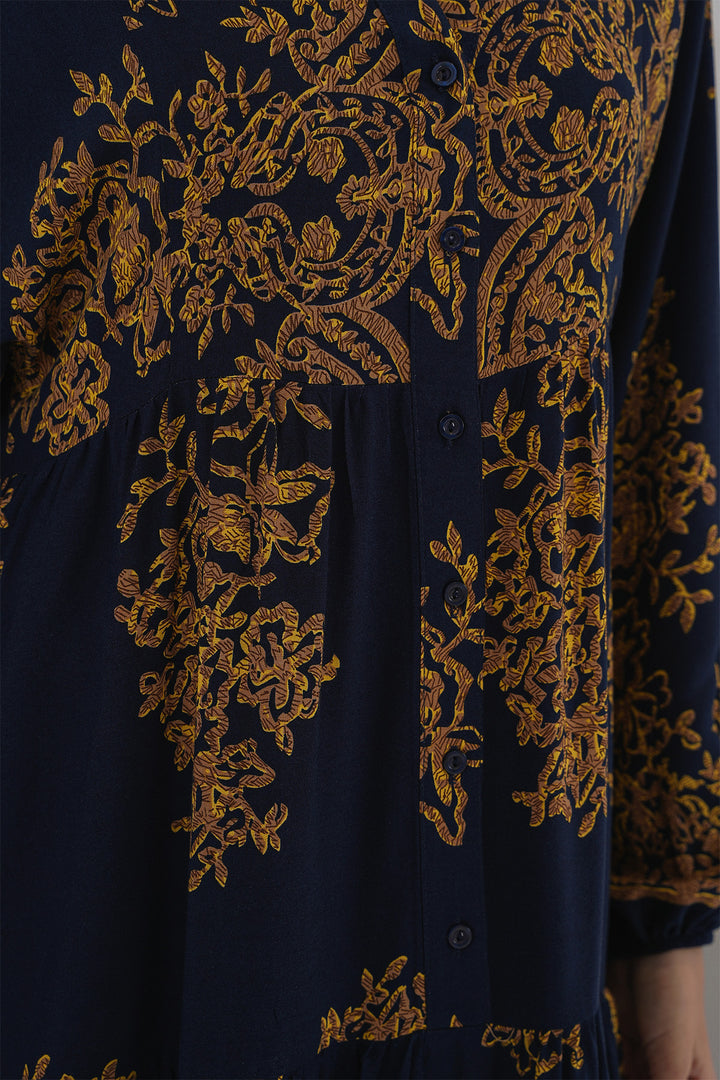 Bigdart Robe Modeste Imprimée Or Bleu marine 2423 - Bleu
