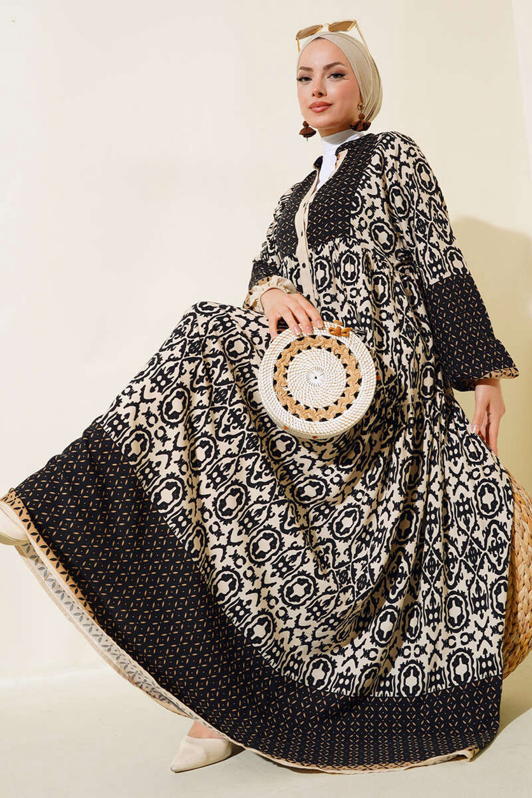 Bigdart Robe de hijab en viscose à motifs crème et noire pour femme 2423