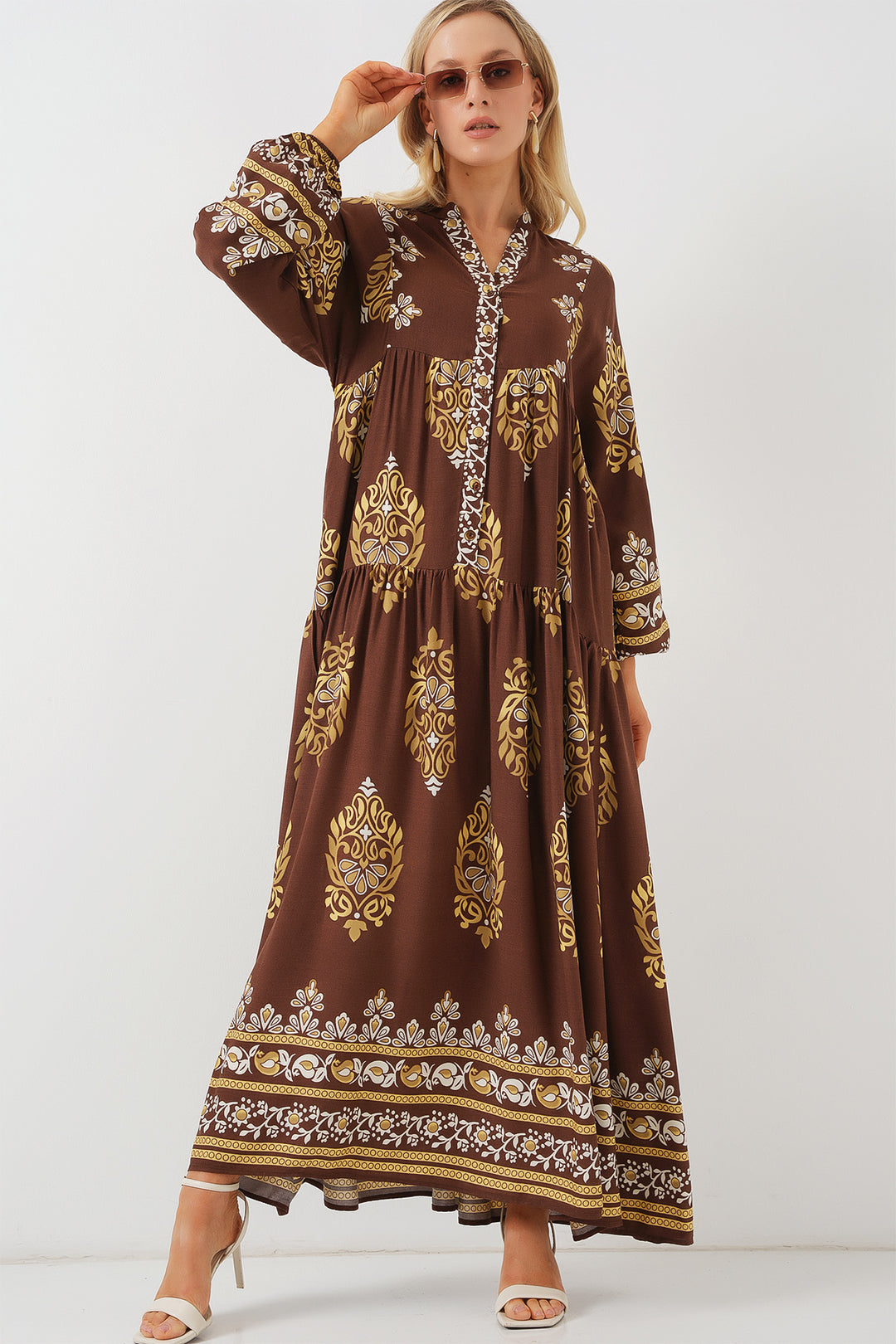 Bigdart Robe de hijab à motif authentique 2423 - Blanc - Blanc - Blanc - Marron