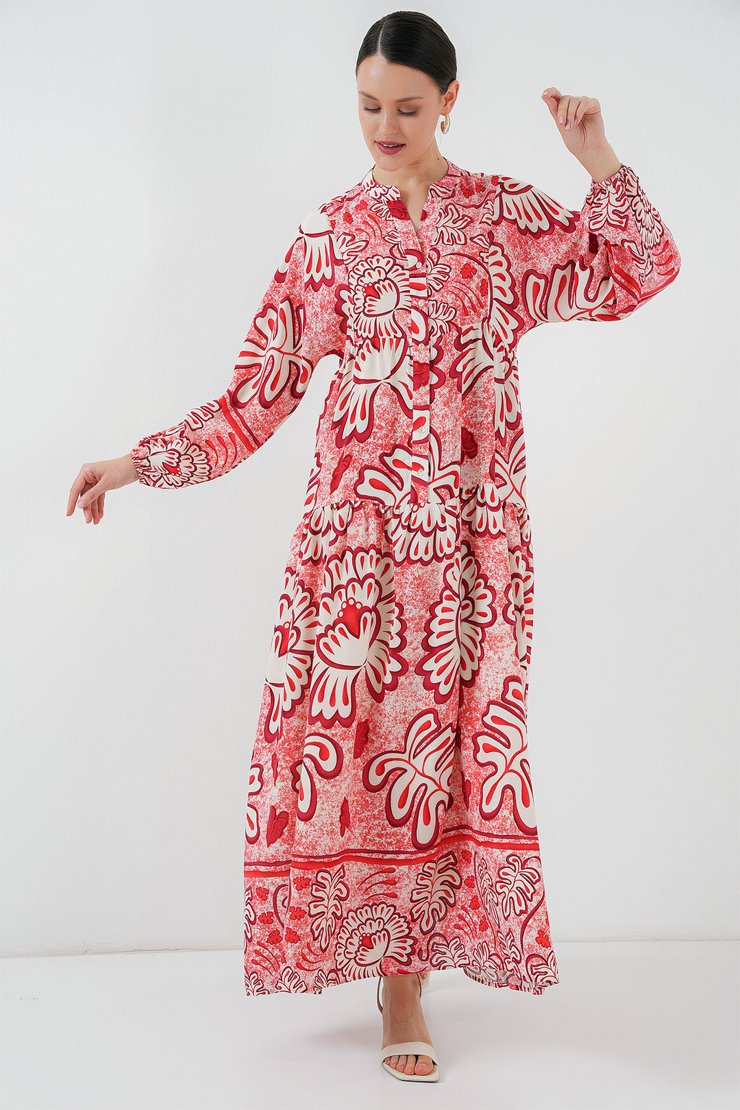 Bigdart 2423 Otantik Desenli Tesettür Elbise - N. Rouge