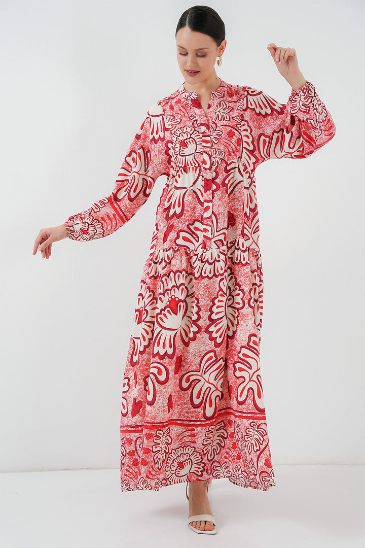 Bigdart 2423 Otantik Desenli Tesettür Elbise - N. Rouge