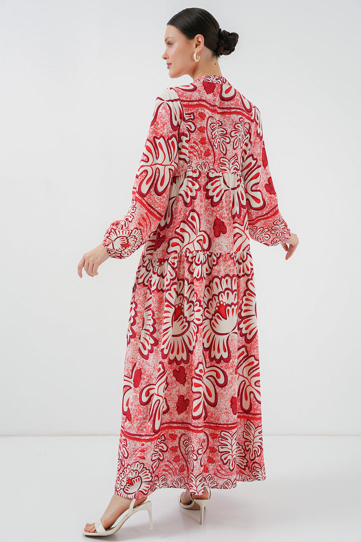 Bigdart 2423 Otantik Desenli Tesettür Elbise - N. Rouge
