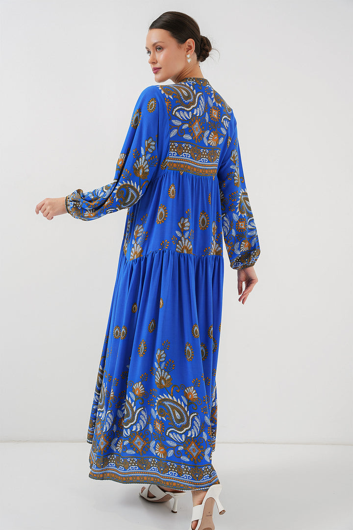 Bigdart 2423 Otantik Desenli Tesettür Elbise - Saphir 1