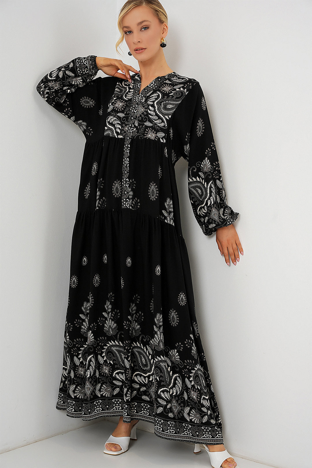 Bigdart Robe de Modestie à Motif Authentique 2423 - Noir - Noir - Noir - Blanc 1