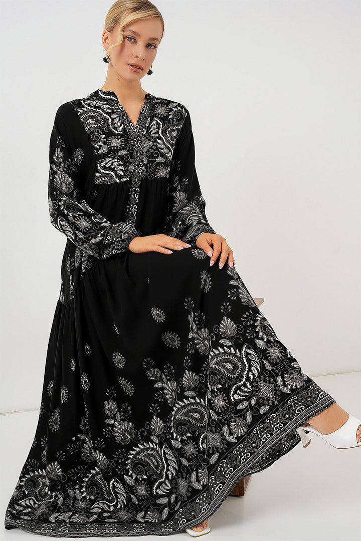 Bigdart Robe de Modestie à Motif Authentique 2423 - Noir - Noir - Noir - Blanc 1