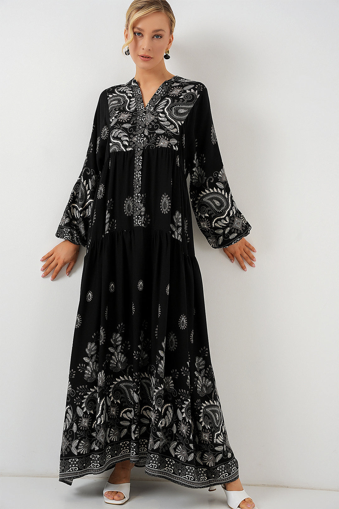 Bigdart Robe de Modestie à Motif Authentique 2423 - Noir - Noir - Noir - Blanc 1