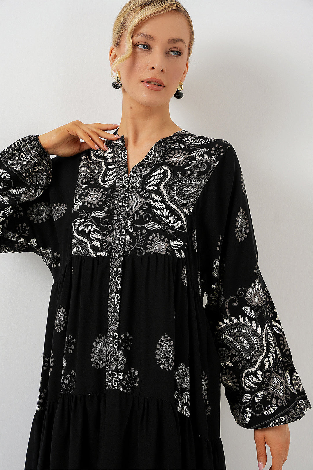 Bigdart Robe de Modestie à Motif Authentique 2423 - Noir - Noir - Noir - Blanc 1