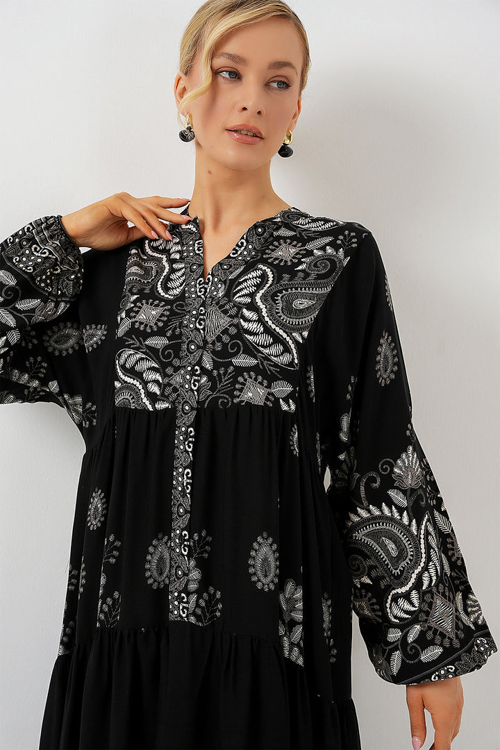 Bigdart Robe de Modestie à Motif Authentique 2423 - Noir - Noir - Noir - Blanc 1
