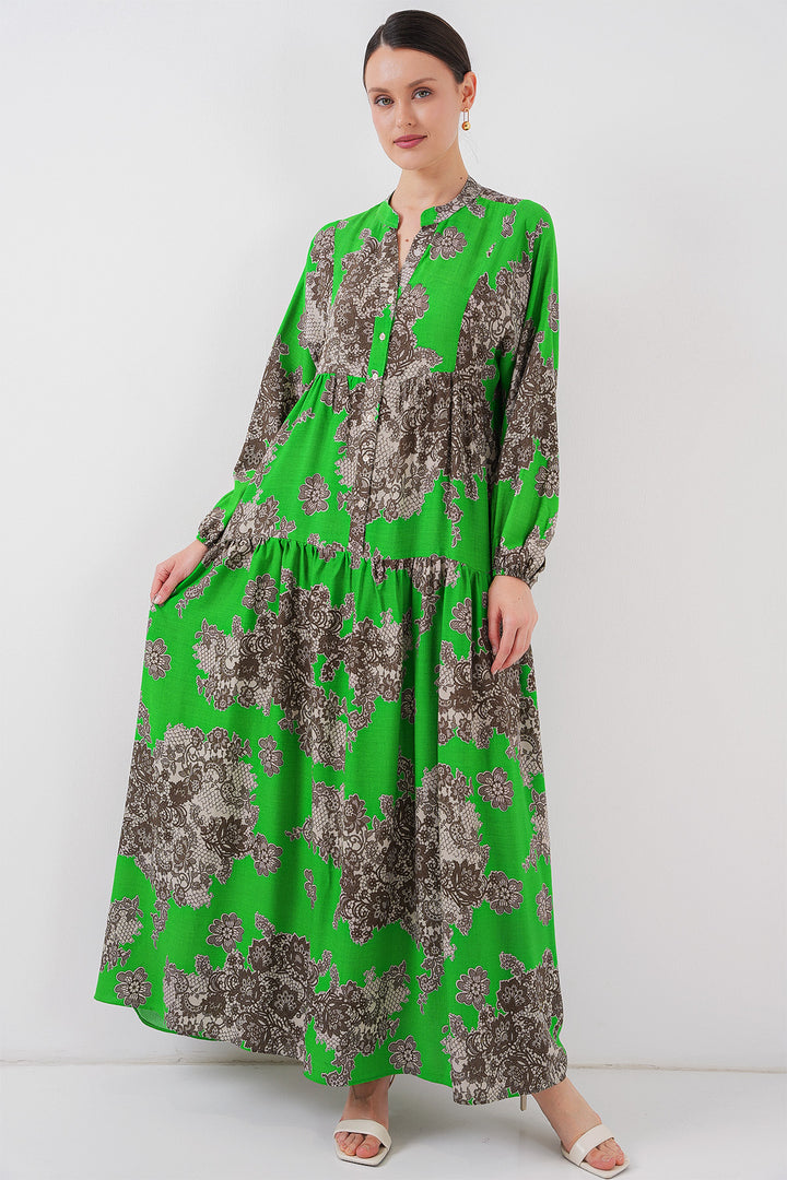 Bigdart 2423 Otantik Desenli Tesettür Elbise - Noir - Vert