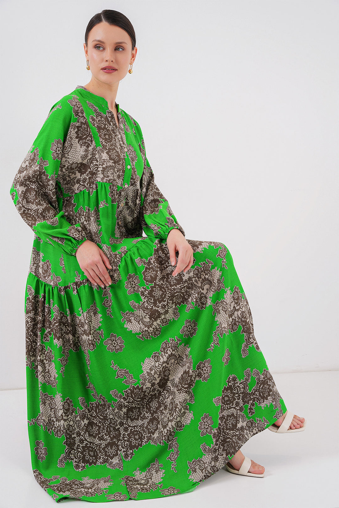 Bigdart 2423 Otantik Desenli Tesettür Elbise - Noir - Vert