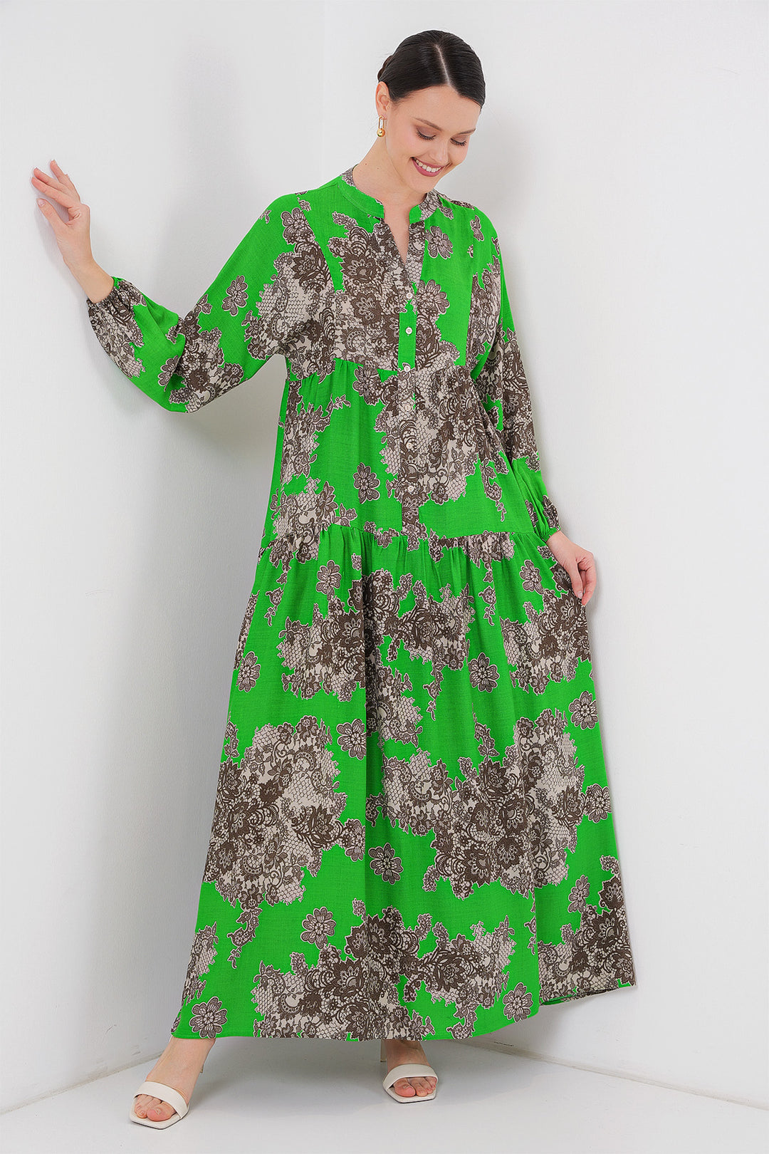 Bigdart 2423 Otantik Desenli Tesettür Elbise - Noir - Vert