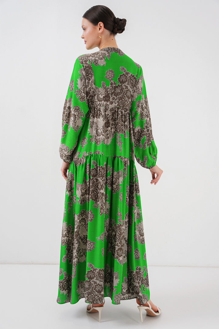 Bigdart 2423 Otantik Desenli Tesettür Elbise - Noir - Vert