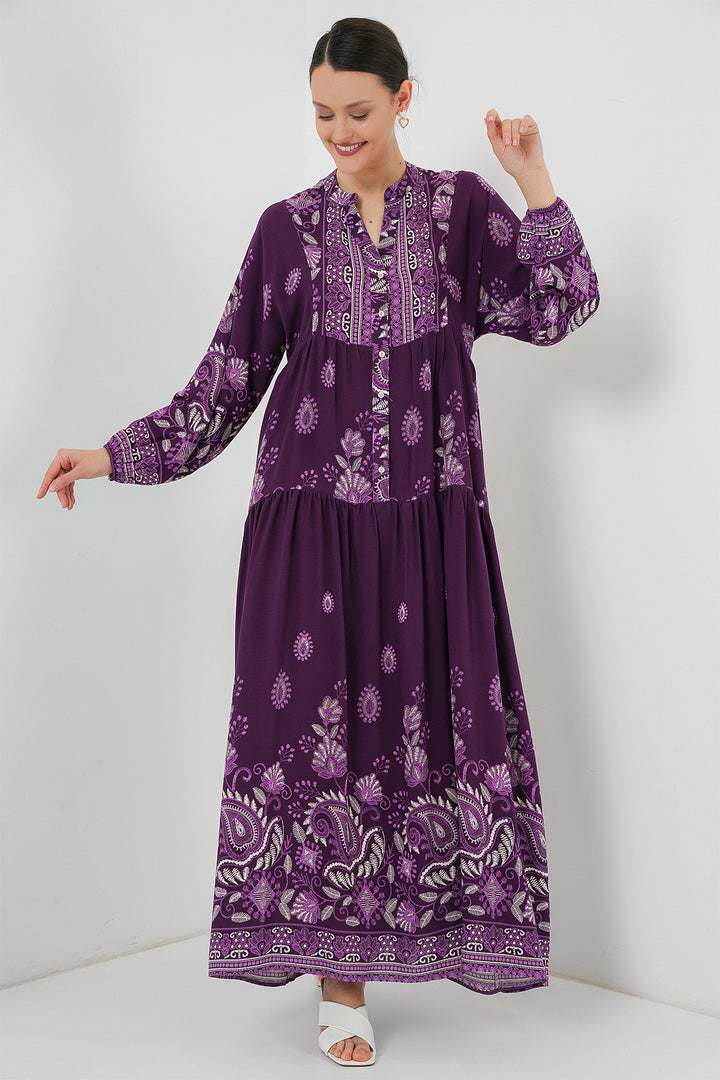 Bigdart 2423 Otantik Desenli Tesettür Elbise - V. Violet