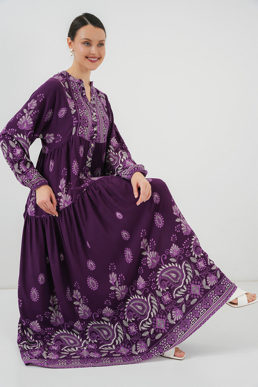 Bigdart 2423 Otantik Desenli Tesettür Elbise - V. Violet