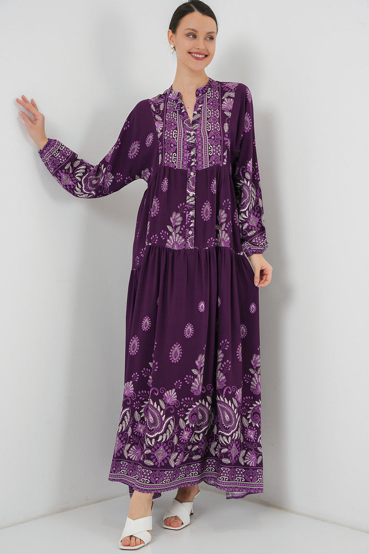 Bigdart 2423 Otantik Desenli Tesettür Elbise - V. Violet