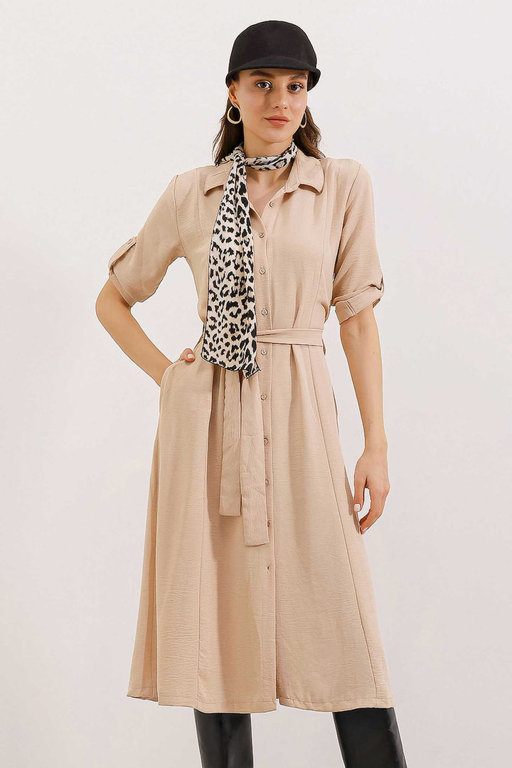Bigdart Robe Chemise à Ceinture Beige pour Femme 2442
