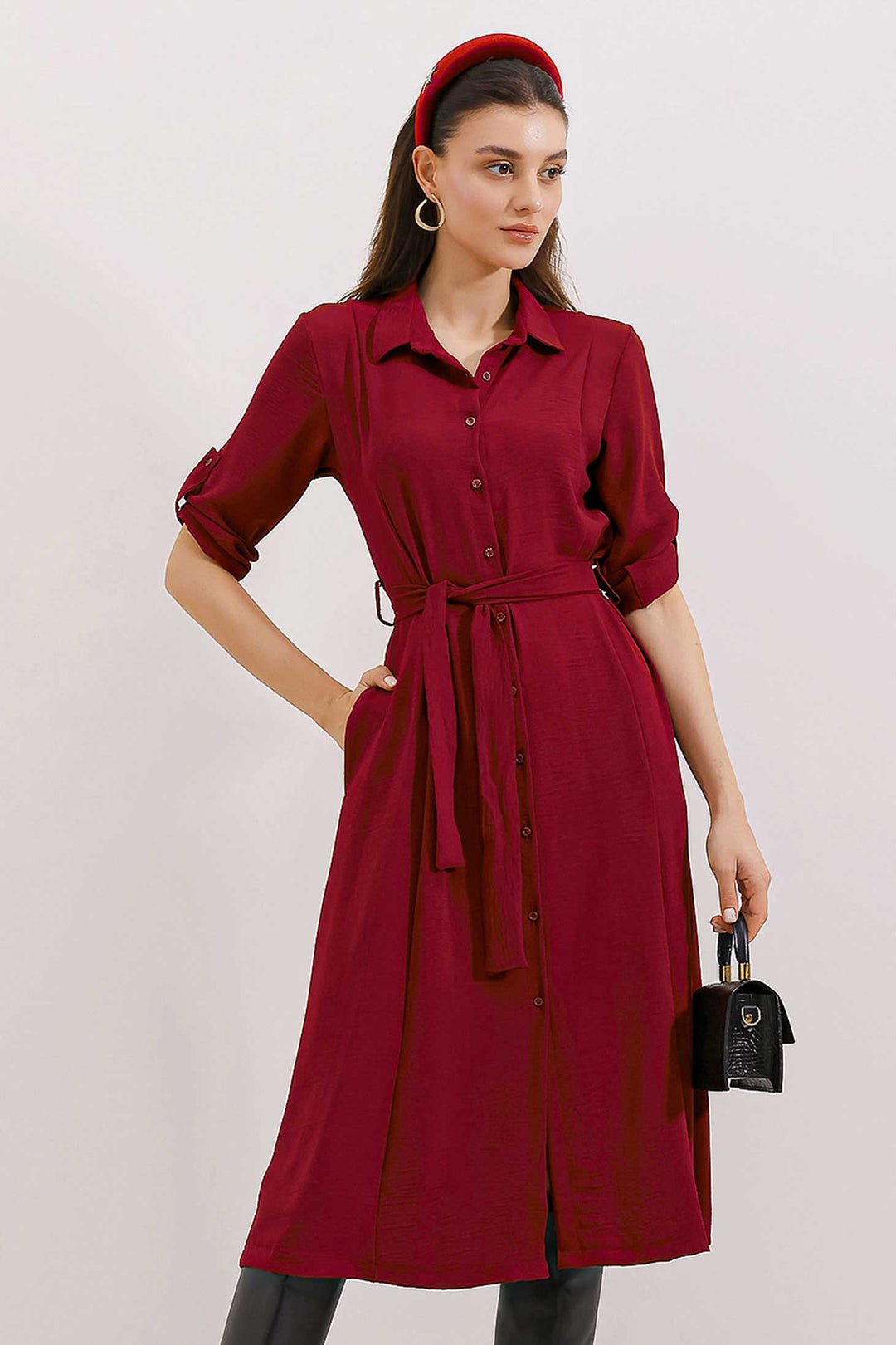 Bigdart Women's Burgundy Belted Shirt Dress 2442 - Burgundy