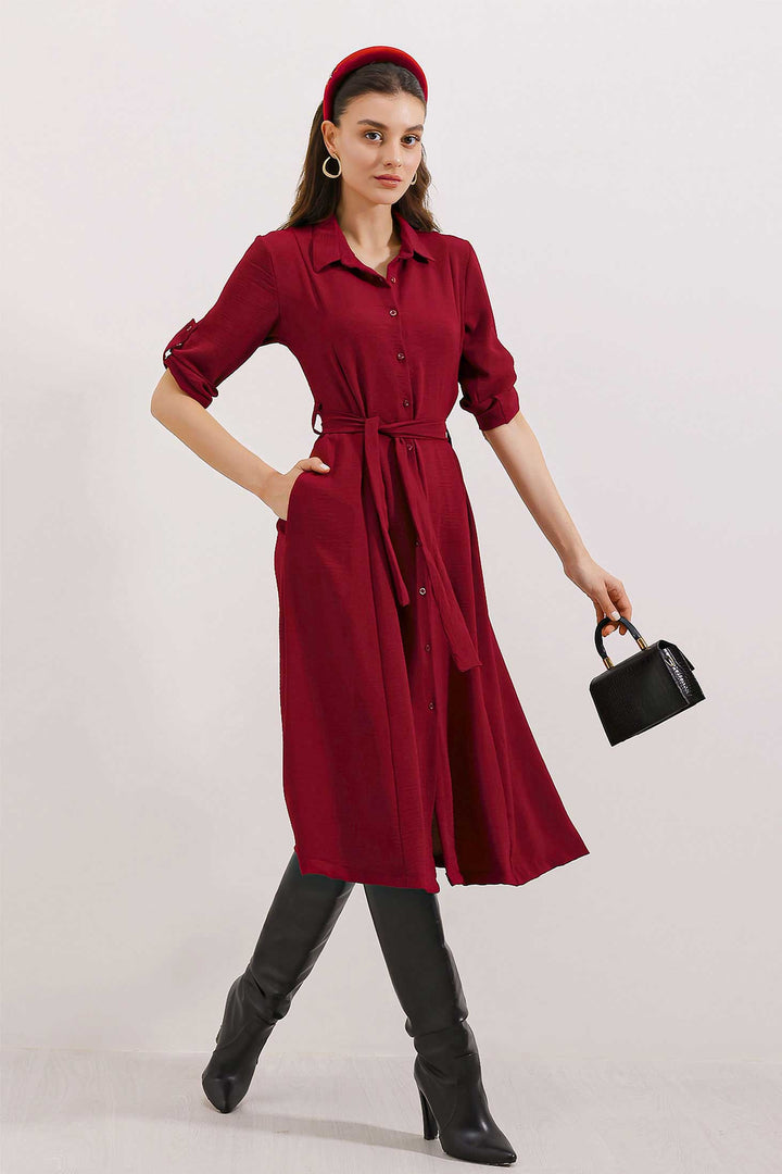 Bigdart Women's Burgundy Belted Shirt Dress 2442 - Burgundy