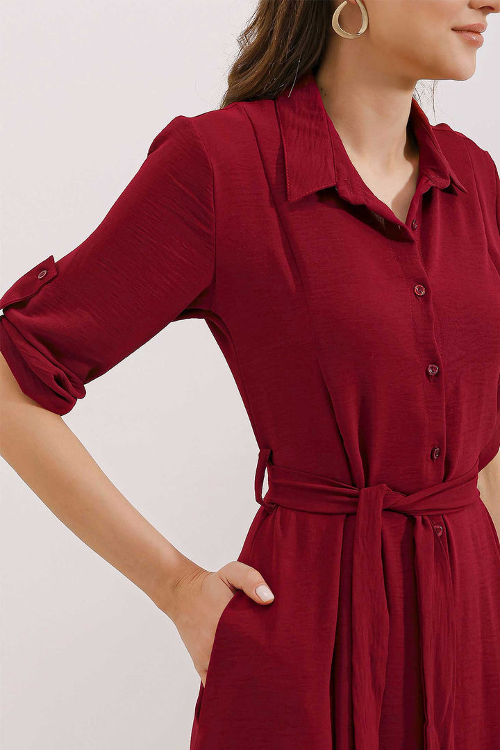 Bigdart Women's Burgundy Belted Shirt Dress 2442 - Burgundy