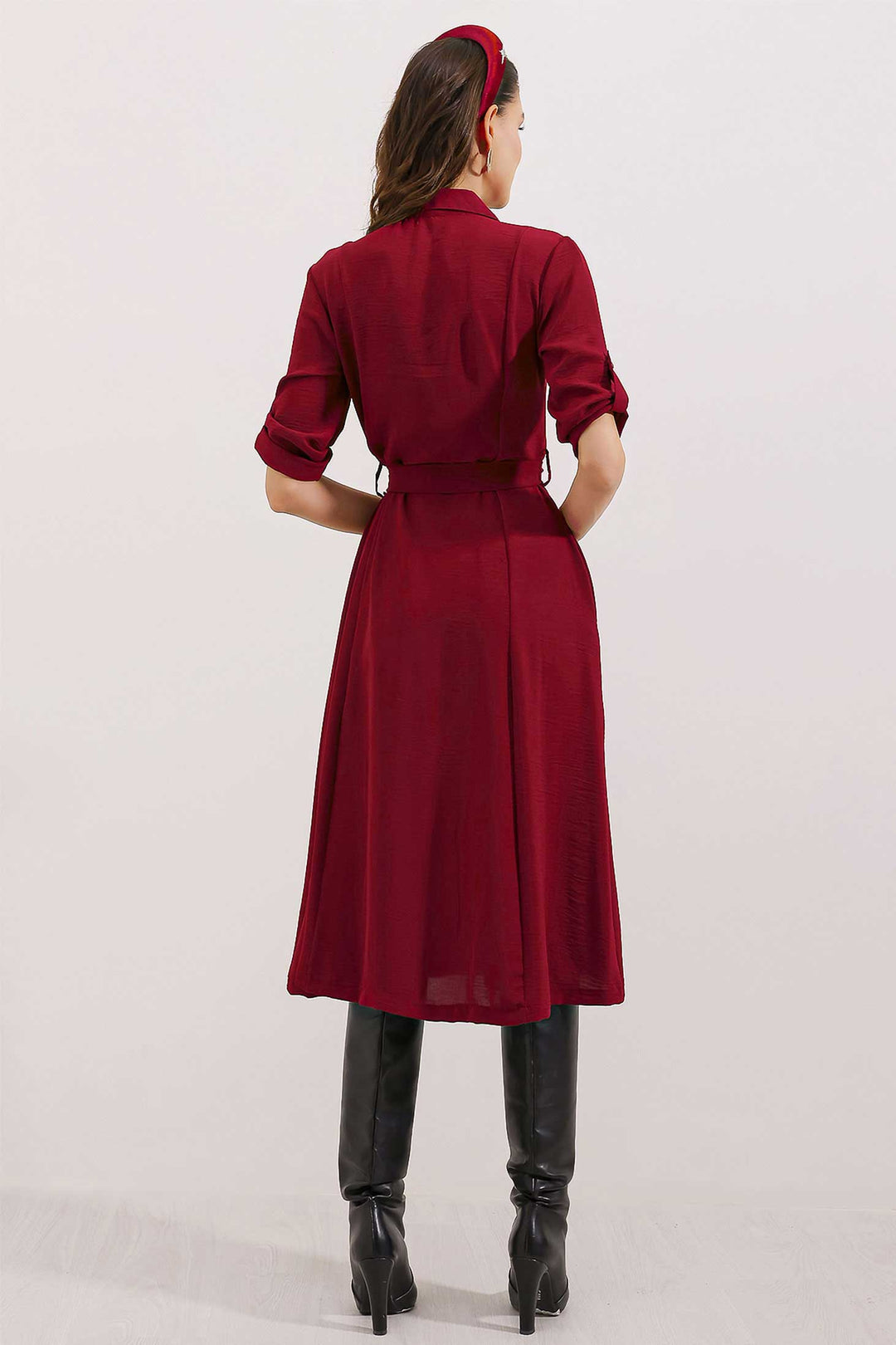 Bigdart Women's Burgundy Belted Shirt Dress 2442 - Burgundy