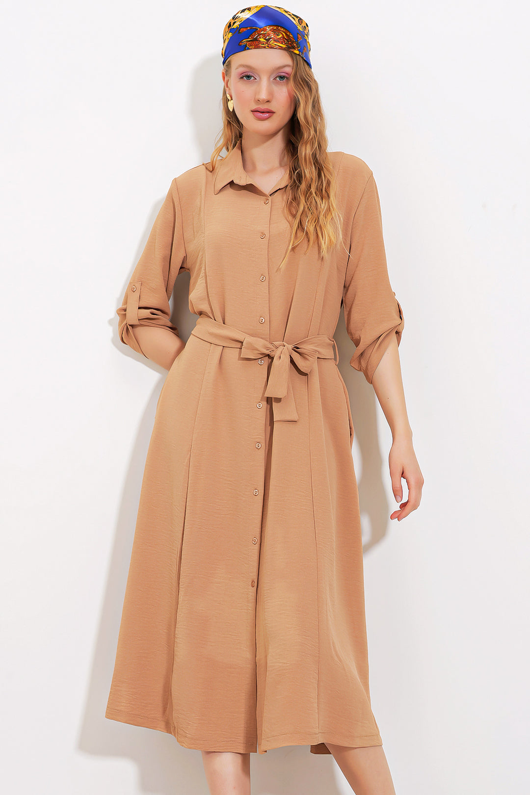 Bigdart Robe chemise à ceinture camel pour femme 2442