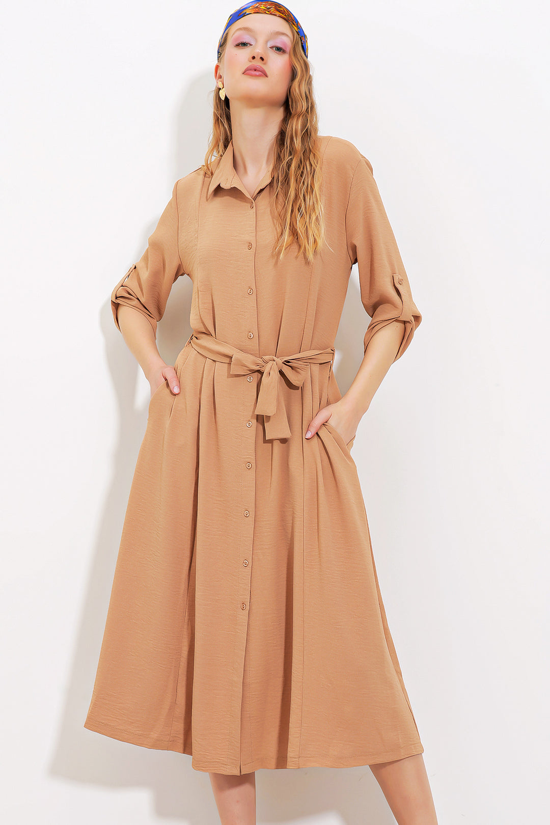 Bigdart Robe chemise à ceinture camel pour femme 2442