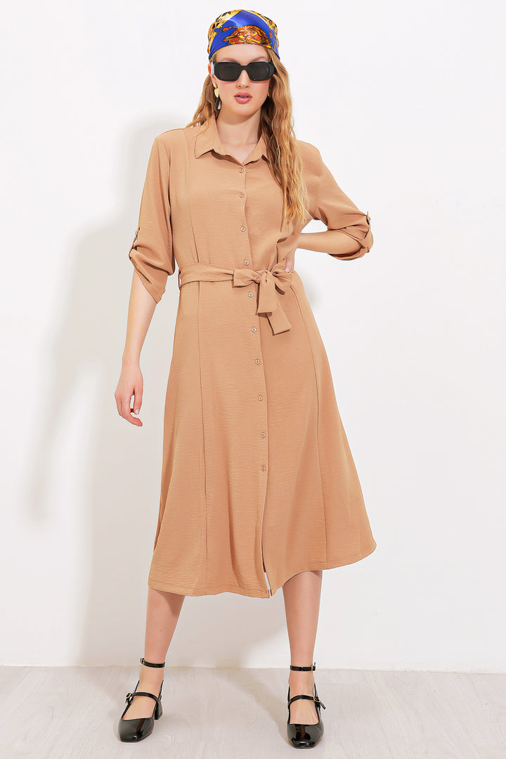 Bigdart Robe chemise à ceinture camel pour femme 2442