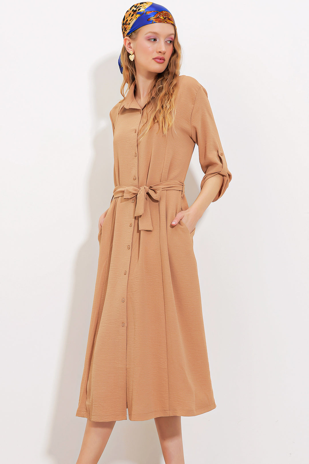 Bigdart Robe chemise à ceinture camel pour femme 2442