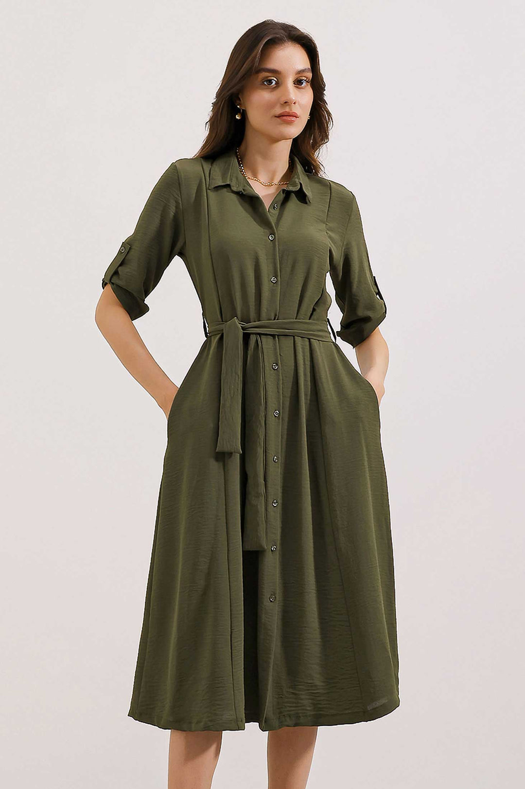 Bigdart Robe chemise femme à ceinture kaki 2442