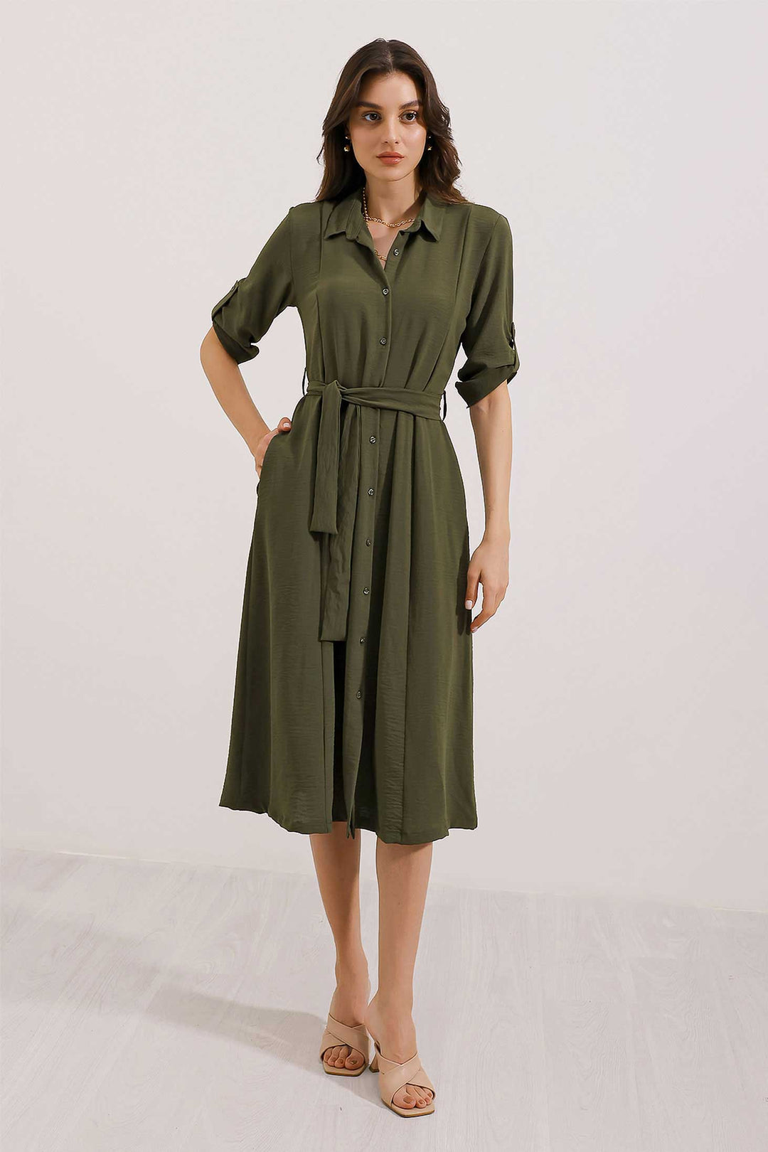Bigdart Robe chemise femme à ceinture kaki 2442