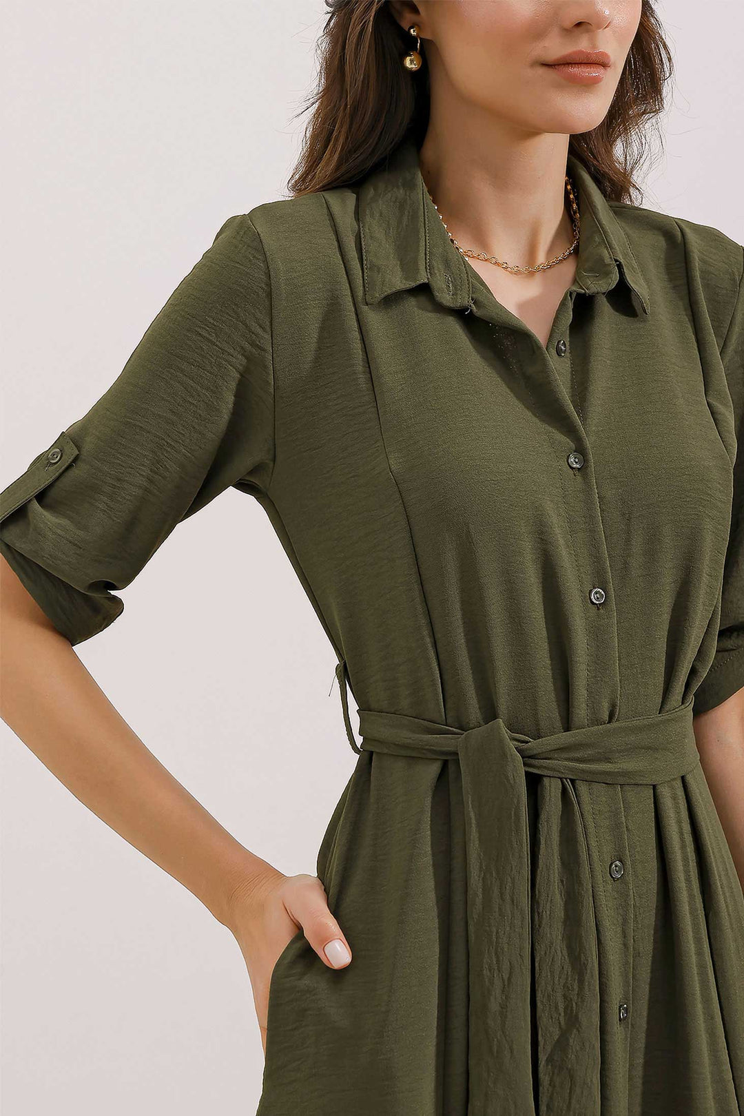 Bigdart Robe chemise femme à ceinture kaki 2442