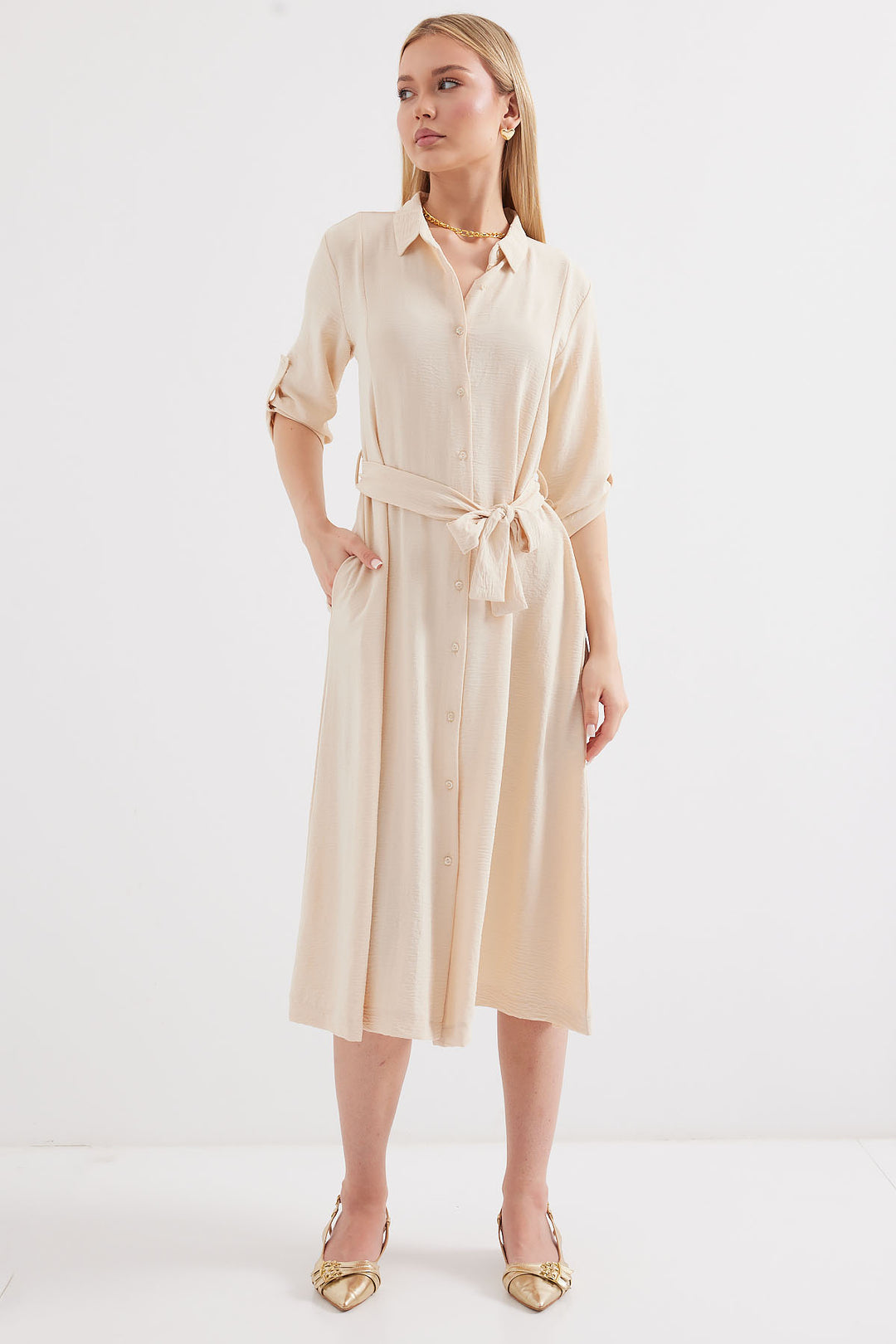 Bigdart 2442 Robe chemise avec ceinture - Crème