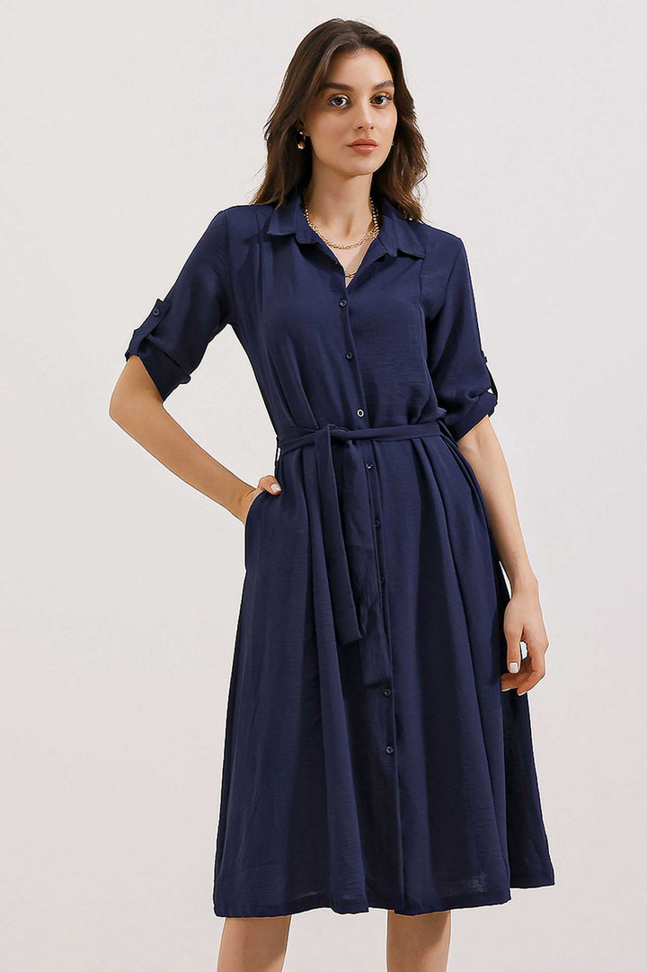 Bigdart Robe chemise ceinturée bleu marine pour femme 2442 - Bleu marine