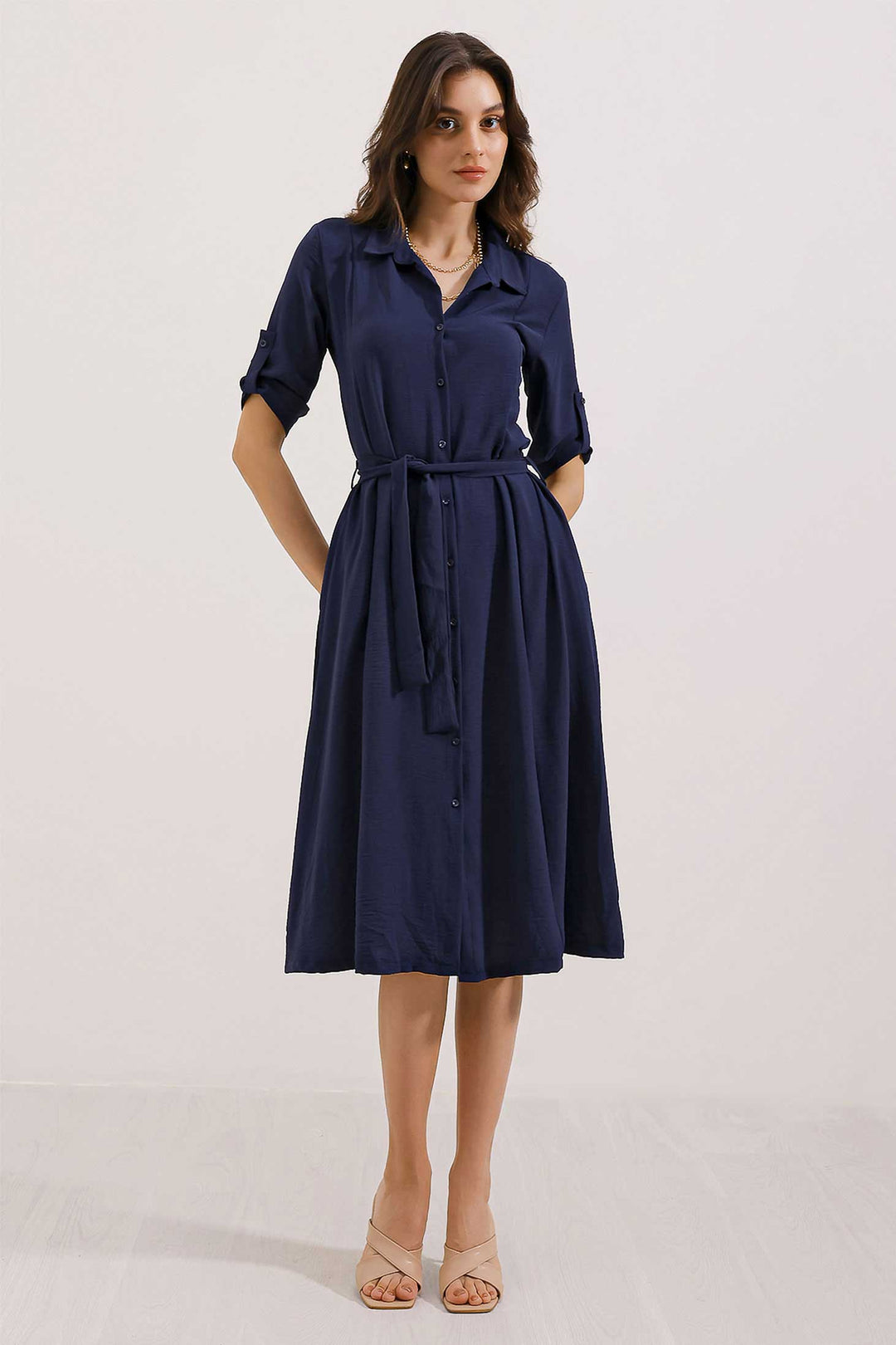 Bigdart Robe chemise ceinturée bleu marine pour femme 2442 - Bleu marine